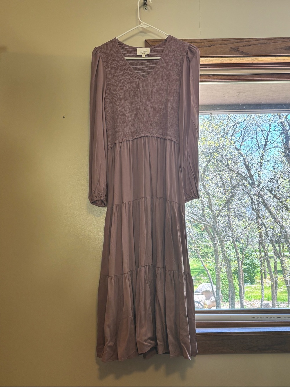 bohme Mauve Smocked V-Neck Long Sleeve Tiered Maxi Dress